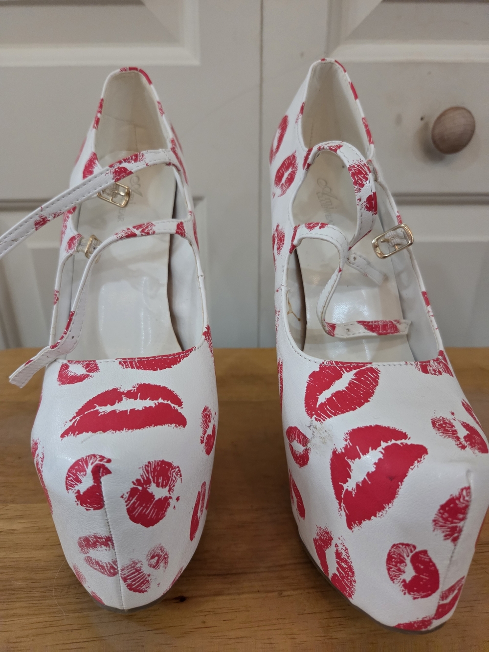 White Platform Mary Jane Heels with Red Lip Print